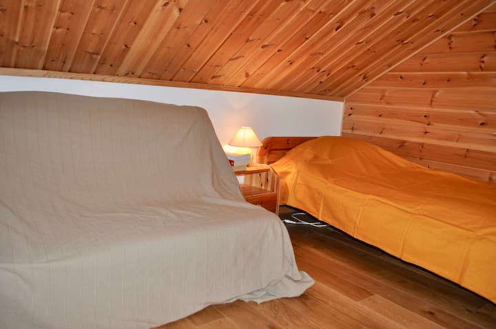 Bedroom 3 is a mezzanine with single bed and sofa bed