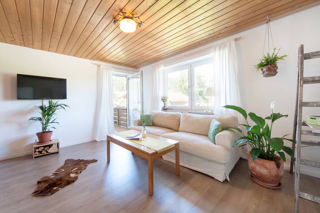 Wohnzimmer mit Couch, TV und gemütlicher Essecke