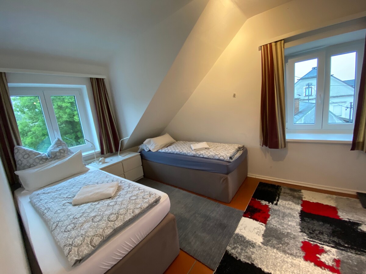 A light-filled room features two beds with simple bedding arrangements. One bed is positioned against the wall, while the other stands alongside it. Large windows allow natural light to illuminate the space, complemented by neutral-toned curtains. A plush rug lies on the floor.