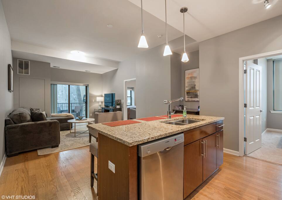 Enjoy your favorite shows from Netflix or Directv Now or get some work done at the kitchen counter with bar stools.