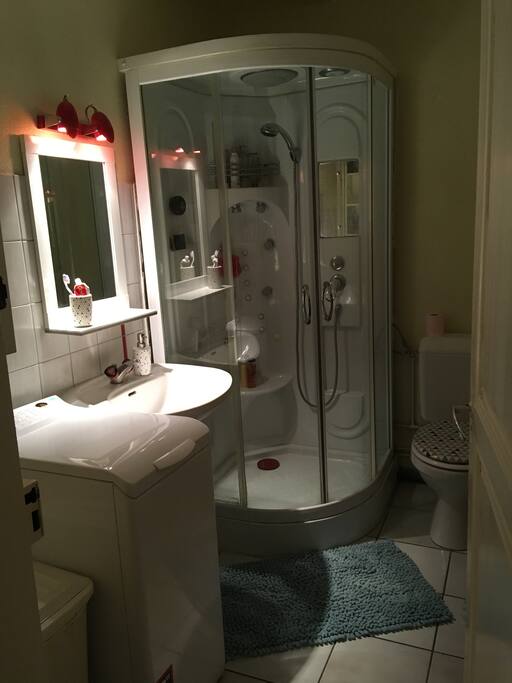 La salle de douche : serviette et gant de toilette fournit. Lave linge pour les personnes qui restent plus que 4 nuits avec lessive fournit