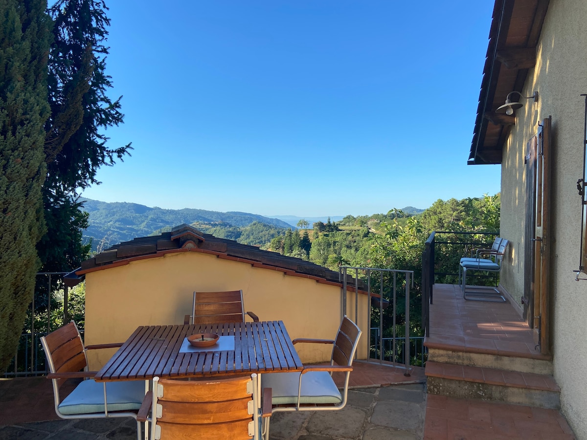 An outdoor terrace is featured, furnished with a wooden table surrounded by white chairs, offering panoramic views of the hillside. The backdrop showcases lush greenery and distant mountains under a clear blue sky. A portion of the house is visible, providing context to the setting.
