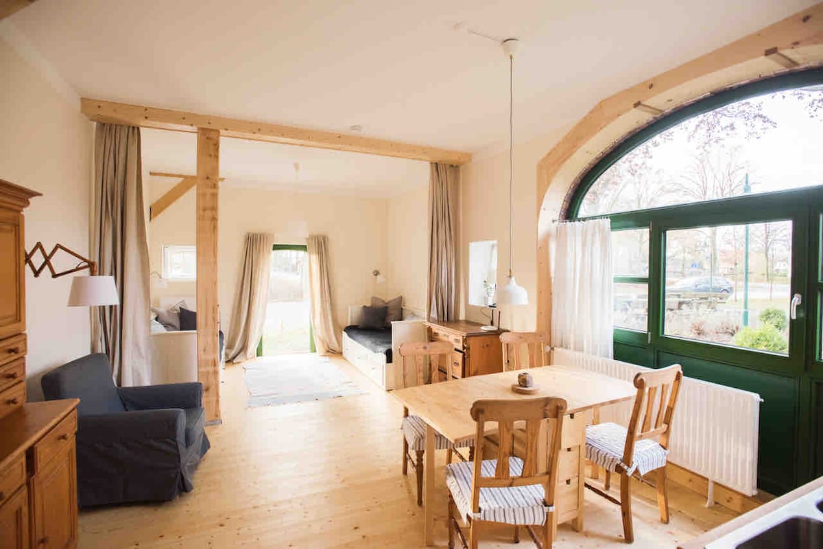 An open living space features large windows with green frames, allowing natural light to fill the area. A wooden dining table is accompanied by chairs with striped cushions. A cozy seating area, including a gray sofa, is arranged against the wall, enhancing the room’s inviting feel.