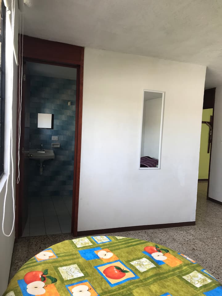 有卫生间的卧室。 