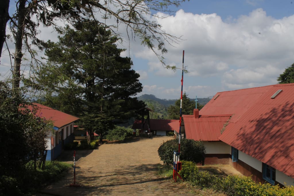 left side guesthouse,
right side church