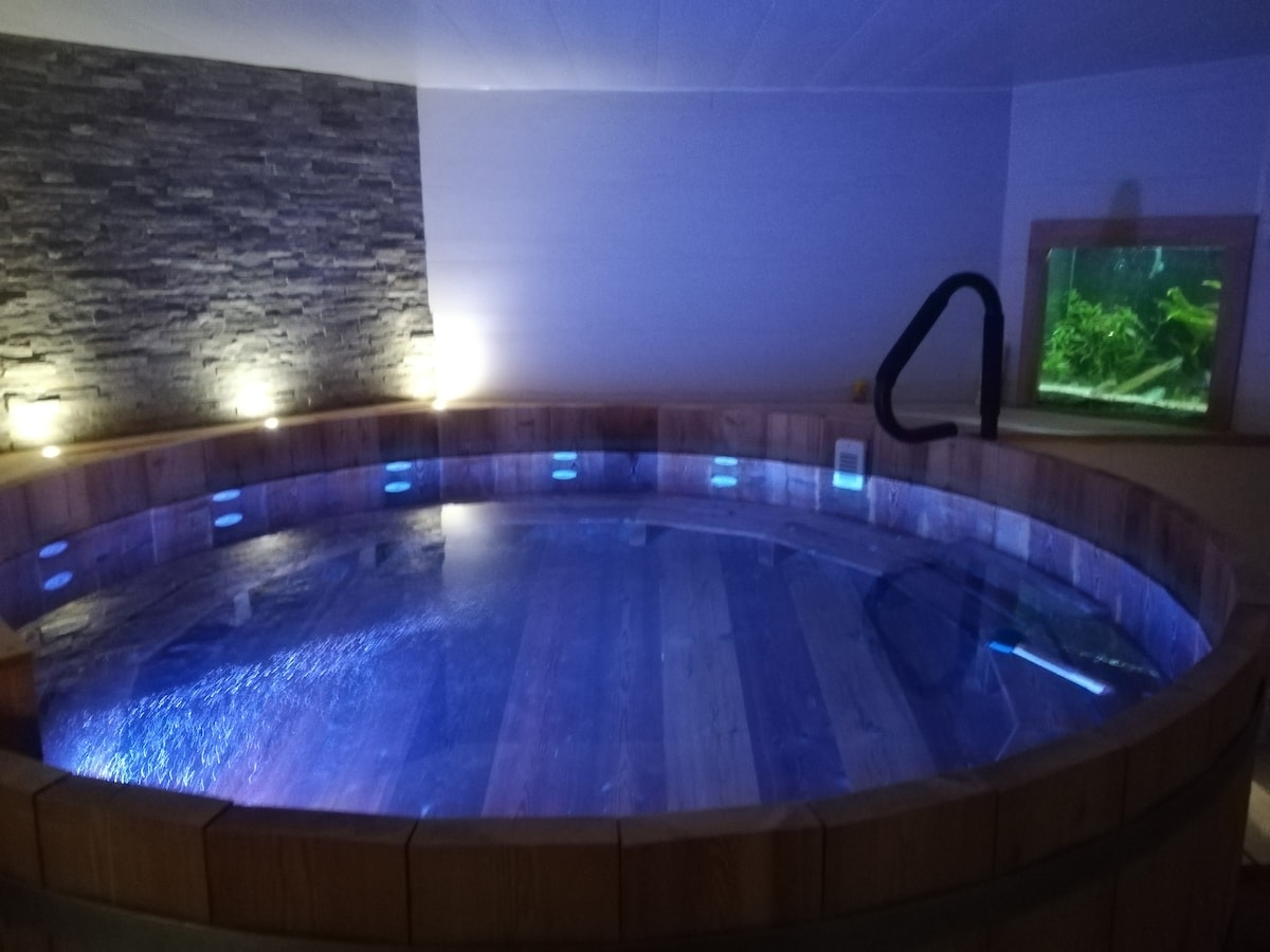 A spacious circular Nordic bath is presented, featuring smooth wooden surrounds and soft blue lighting. The tranquil water reflects the illuminated walls, creating a serene atmosphere. An aquarium is visible in the background, adding a touch of nature to the wellness environment.