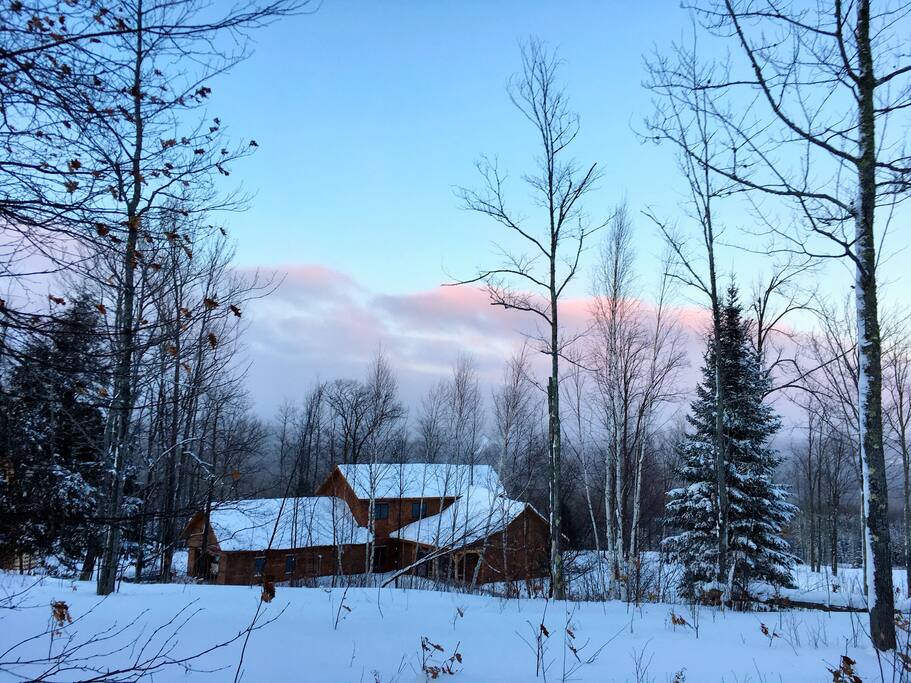 Looking down at the Inn while snowshoeing on the trails above