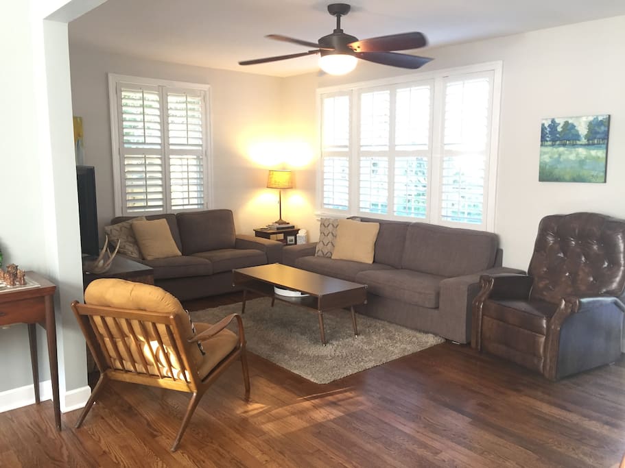 Our living room features seating for 6-8 and a flat screen TV with local channels and an Apple TV.