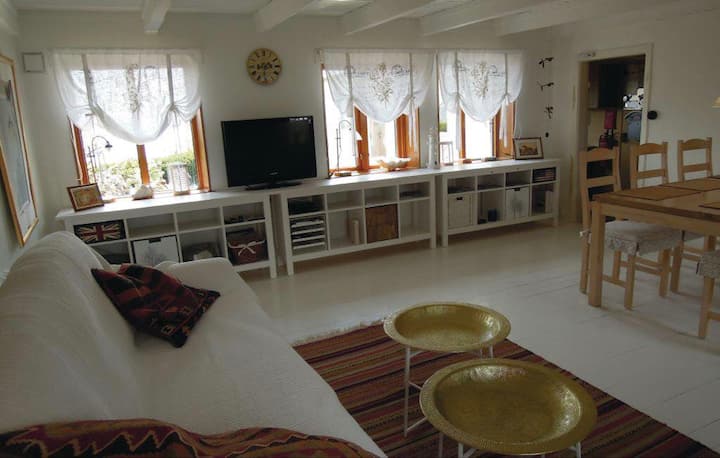 Living room with sofa bed, dining area and TV