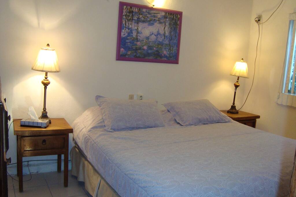 Bedroom with king size bed and large closet space.