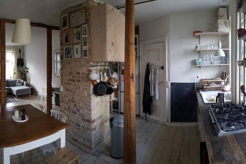 Kitchen + dining table seats 4 adults and two kids. We have also got two high chairs available.