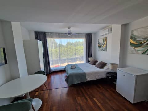 Suite 2 Studio with kitchen, private bathroom, and balcony