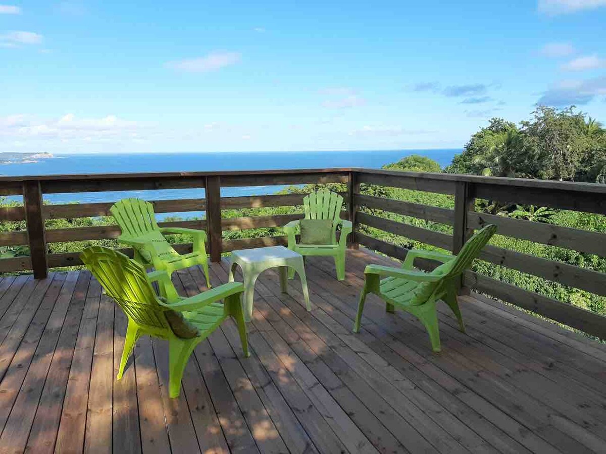 An outdoor deck is showcased with wooden flooring and a railing, overlooking a sweeping sea view. Four green lounge chairs are arranged around a small white table, inviting relaxation in a natural setting. The sky appears clear with light clouds, enhancing the serene atmosphere.