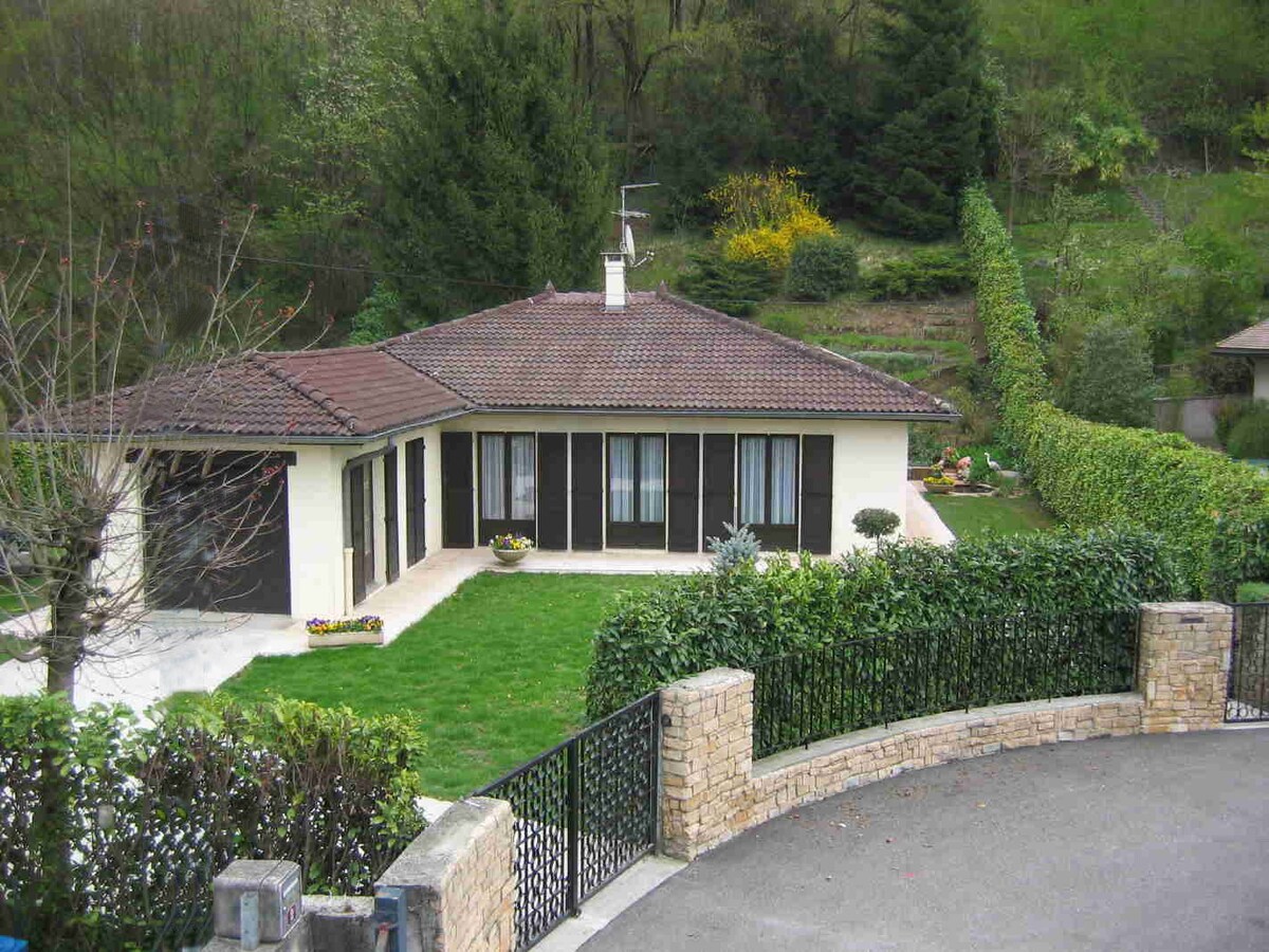 A single-story house features a sloped roof and a large terrace with grassy surroundings. Expansive glass windows line the front, providing ample natural light. A hedge borders the property, and nearby trees and flowering plants enhance the natural setting.