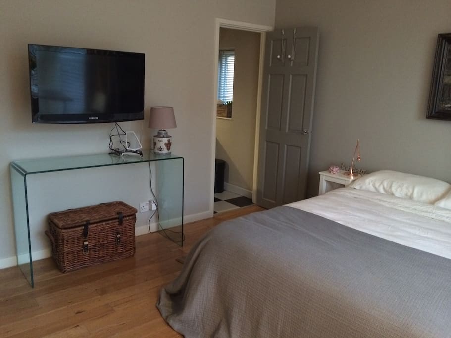 There is a double bed and plasma TV