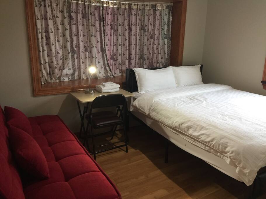 queen bed and brand new sofa
