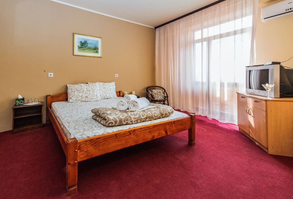 Room with a Queen sized bed. With a look on the Model of Dunav.