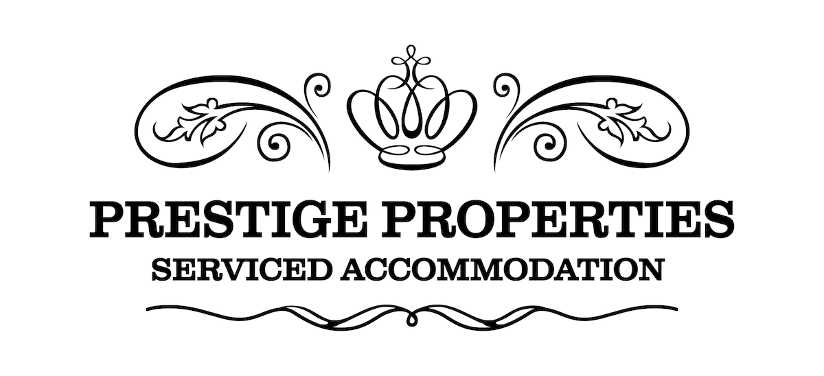 The logo features elegant lettering for 'Prestige Properties' along with the phrase 'Serviced Accommodation.' Decorative elements such as a crown and flowing lines accentuate the design, reflecting a professional and welcoming brand identity.