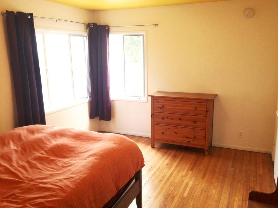 Bedroom has blackout curtains