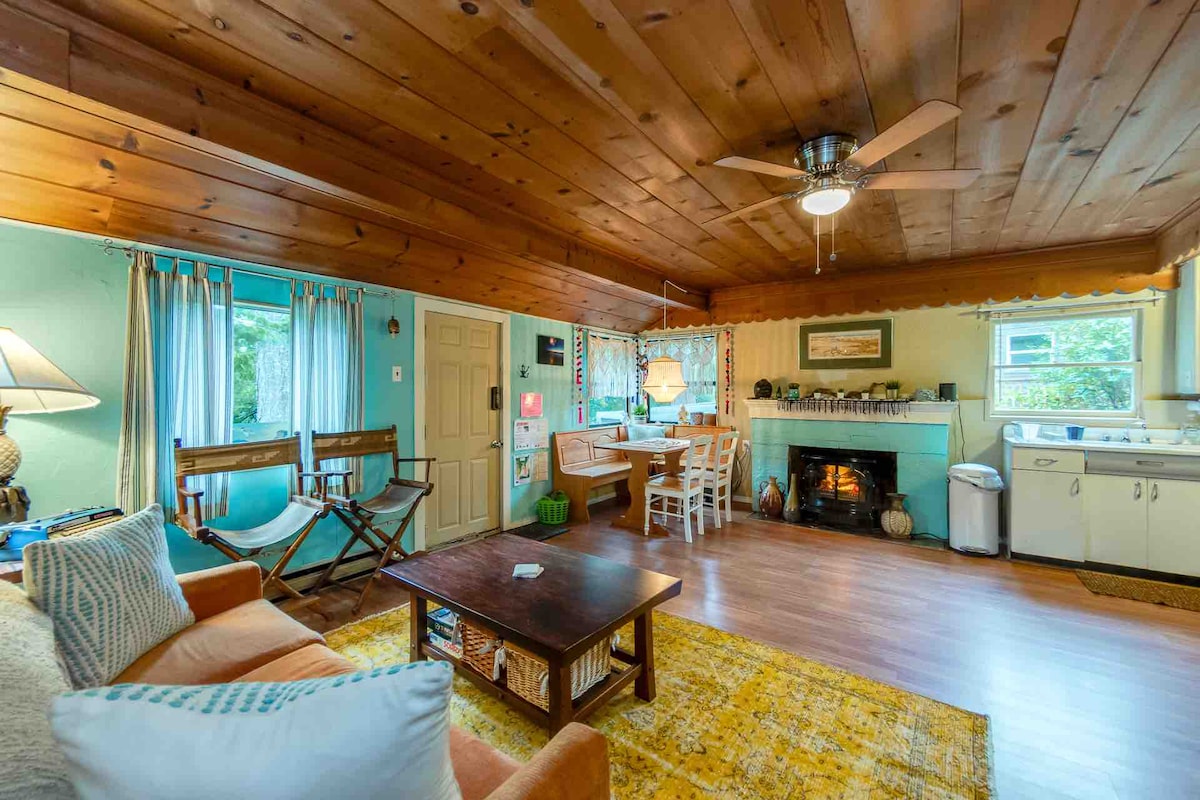 The living area features wooden ceilings, a cozy sofa facing a functional electric fireplace, and a dining table set for four. Light streams through large windows, illuminating the space. A rug spreads across the floor, while a fan provides comfort. Nearby, a fully equipped kitchen is visible.