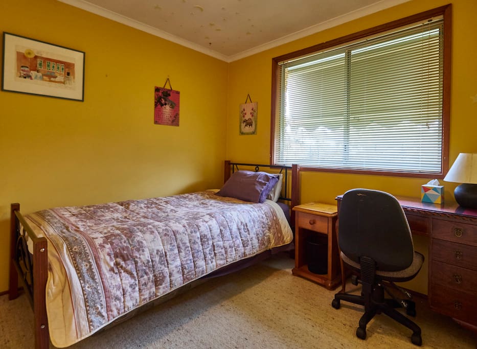 Bright sunny room with built in wardrobe, desk and chair.