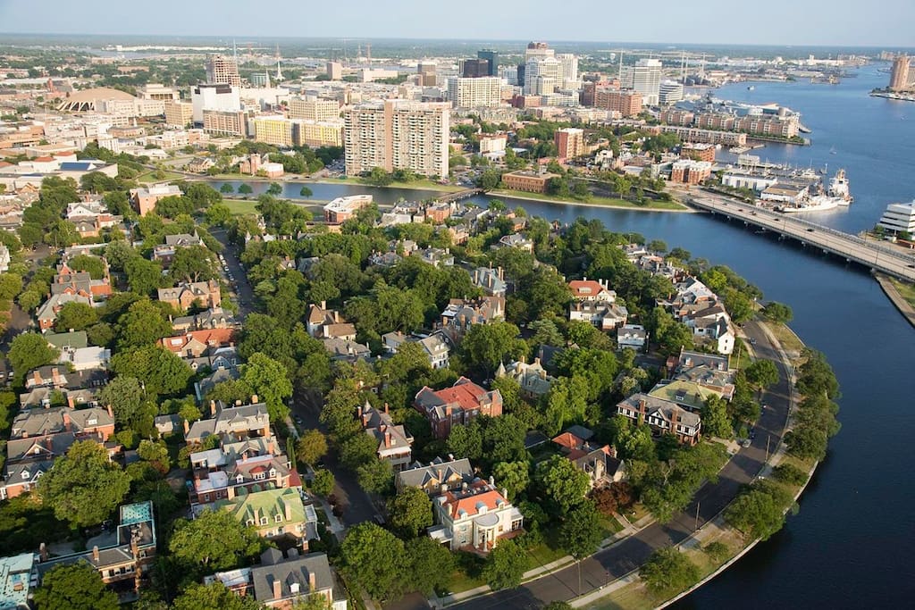 Welcome to Norfolk, VA's Ghent Neighborhood...A very special place indeed. My house is just 3 blocks from the walking trail along the riverfront shown here. That's Norfolk Downtown in the upper right corner...needs to be updated...we just opened a beautiful new hotel.