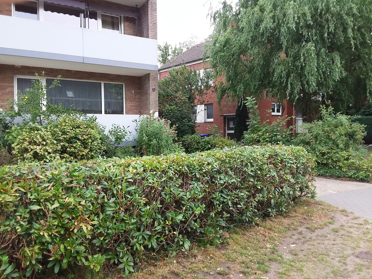 A well-maintained garden area is visible, featuring a lush hedge and various greenery. The residential building looms in the background, partially shaded by trees. The atmosphere appears serene and verdant, contributing to a peaceful neighborhood setting.