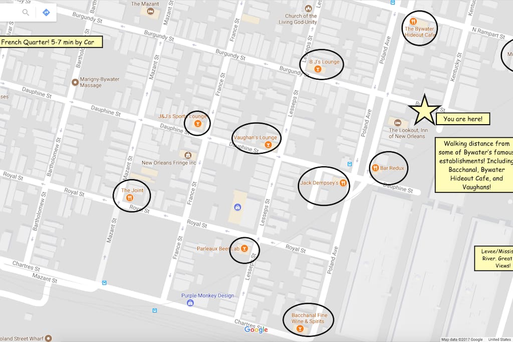 Map location. Walking distance to many of Bywater's establishments!