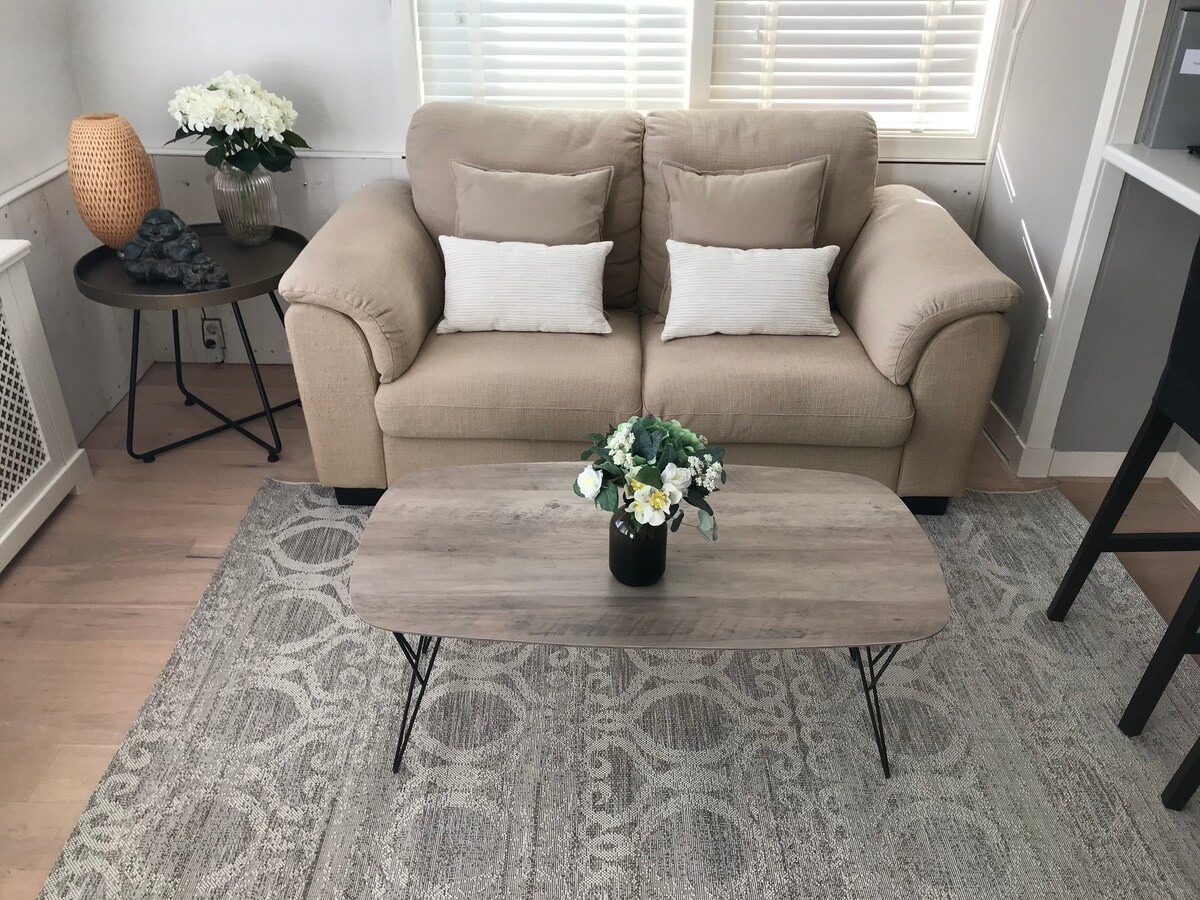 A comfortable sofa is positioned in a light-filled room, complemented by two small cushions and a decorative table in front. A simple floral arrangement sits on the coffee table, with a textured rug beneath adding warmth to the space.
