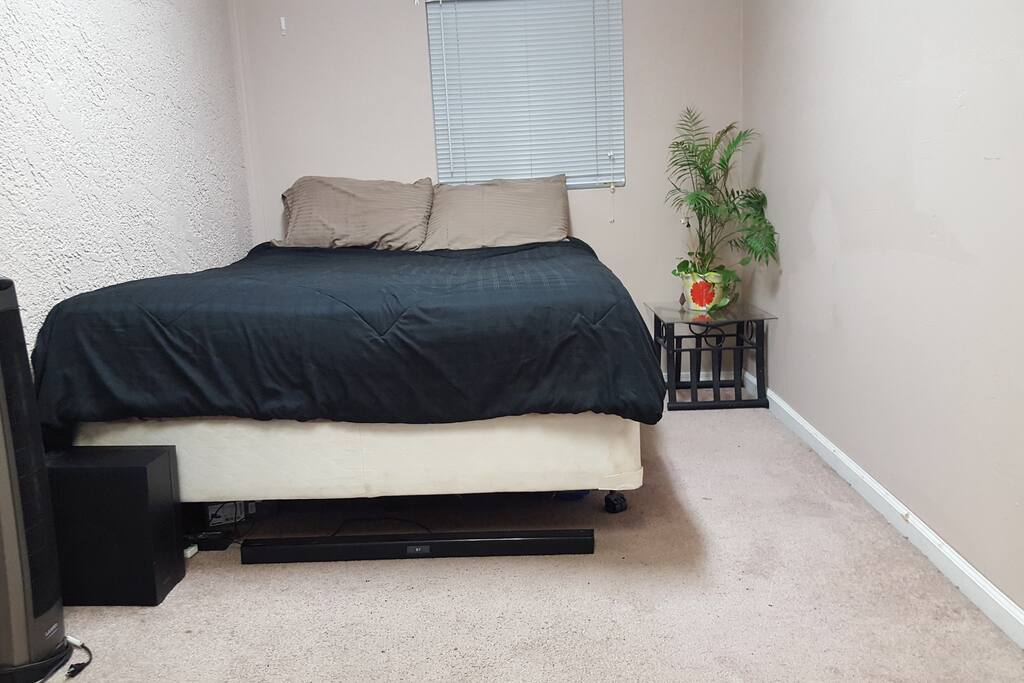 Queen size bed. personal heater, blue tooth sound bar