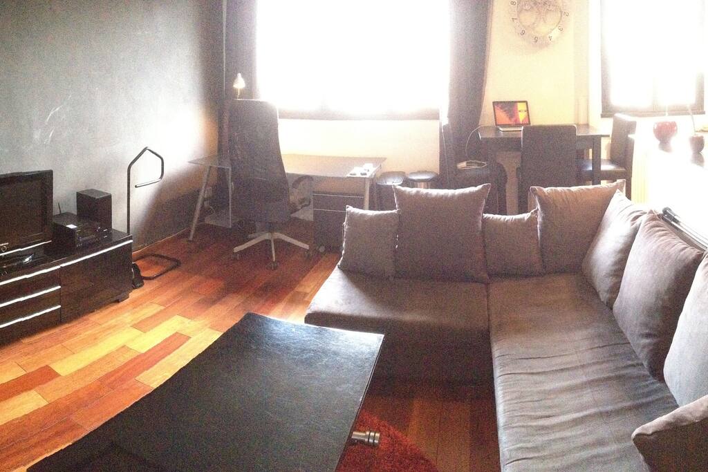 Salon confortable; vrai bureau; baie vitrée baignant tout le studio de lumière