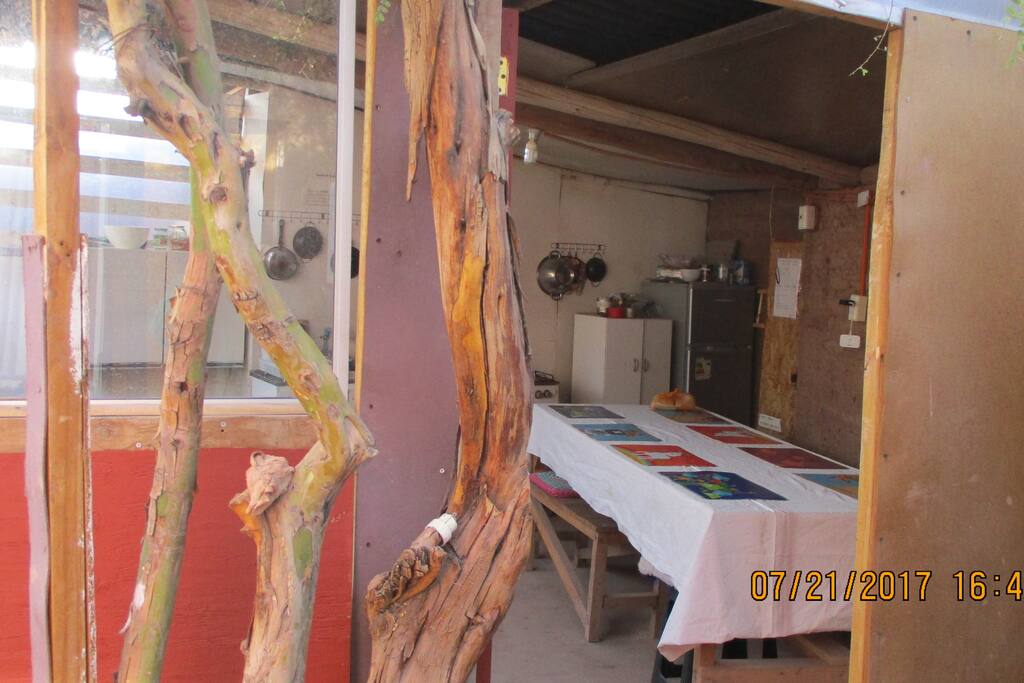 cocina compartida, equipada con lo necesario para cocinar y espacio para comer.
