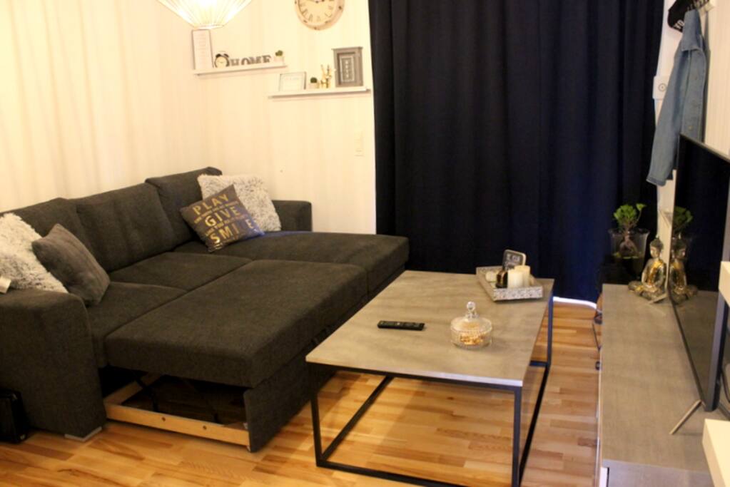 Her ses sofaen foldet ud.