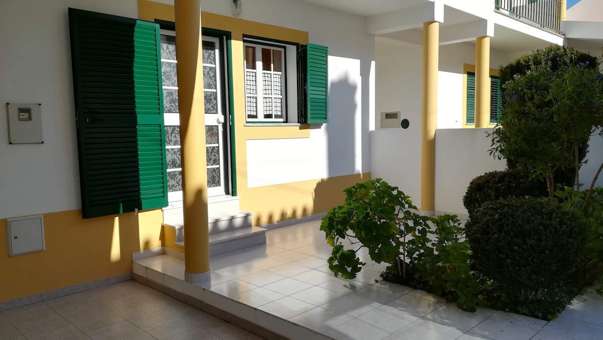 The entrance features a spacious pathway leading to a door framed by green shutters. Sunlight casts shadows on the tiled floor, while neatly trimmed bushes and a climbing plant add greenery to the welcoming facade.