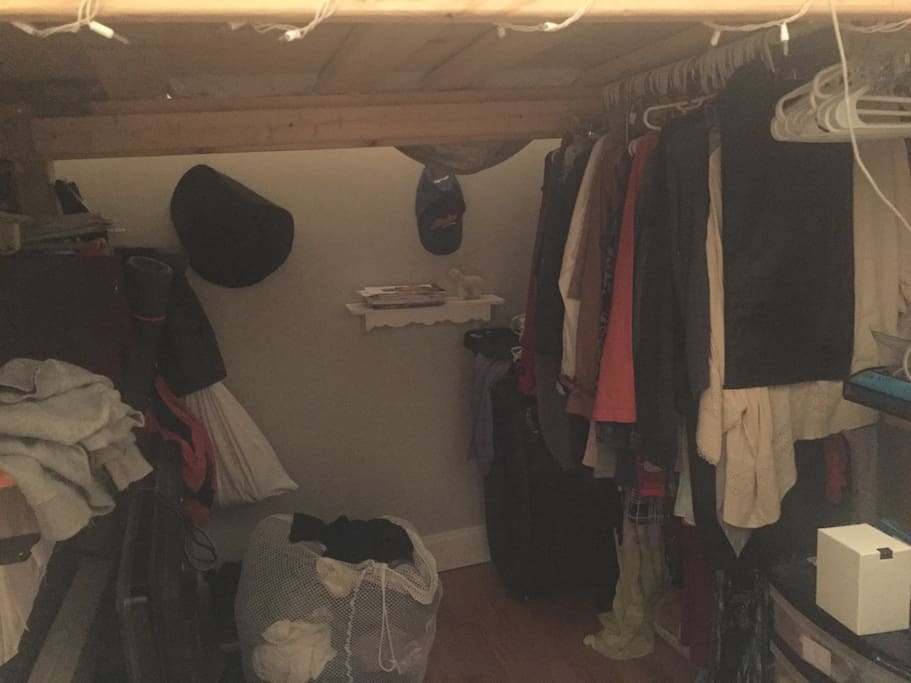 Clothes rack & under bed area.