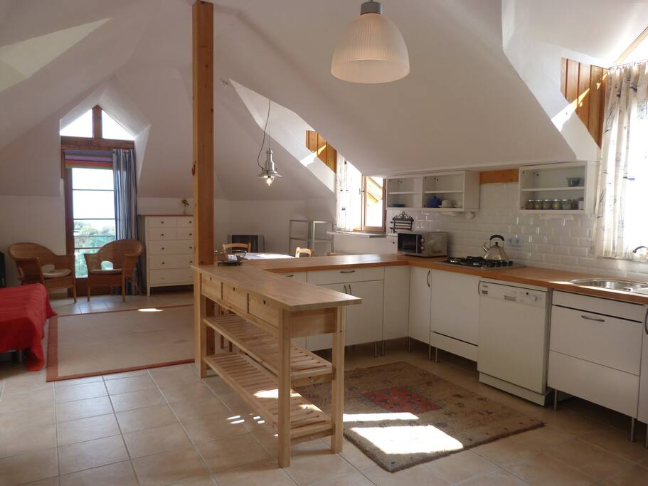 kitchen and living space (with canapee lit on the left)
