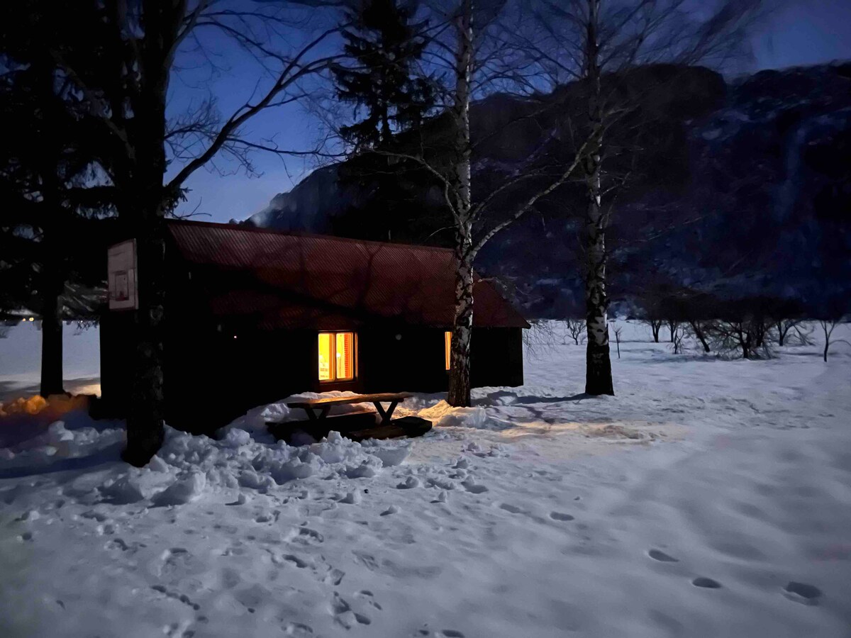A mountain cabin is set amidst a snowy landscape, with warm light emanating from the windows. Snow blankets the ground, reflecting the twilight atmosphere, while trees frame the cabin, enhancing the serene environment.
