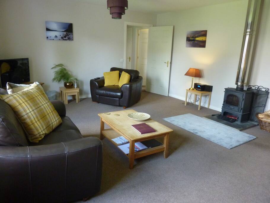 Another view of the lounge showing wood burning stove