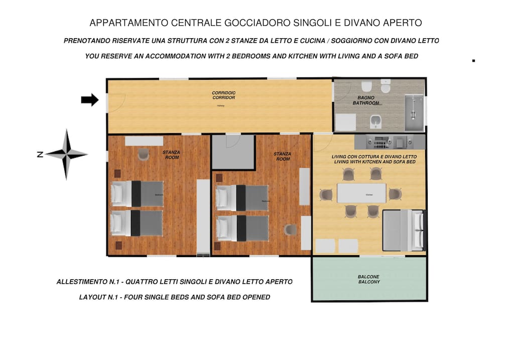 PIANTINA - LAYOUT B : QUATTRO LETTI SINGOLI E DIVANO LETTO APERTO / FOUR SINGLE BEDS AND SOFA BED OPENED