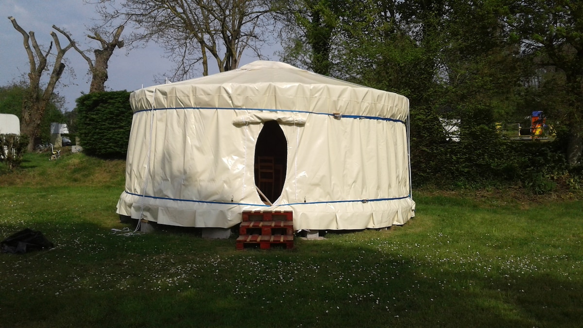 A circular yurt with a smooth, cream-colored exterior is situated on a grassy area. The entrance features a round door, and wooden steps lead up to it. Surrounding vegetation includes trees and shrubs, creating a natural setting.