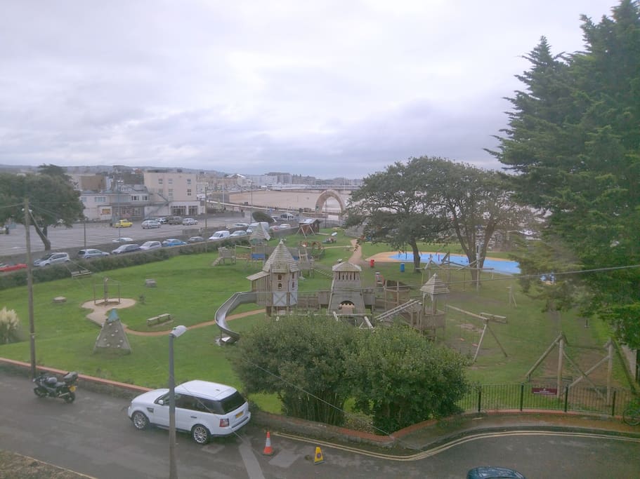View from bedroom window overlooking water park, beach promenade and Grand Pier