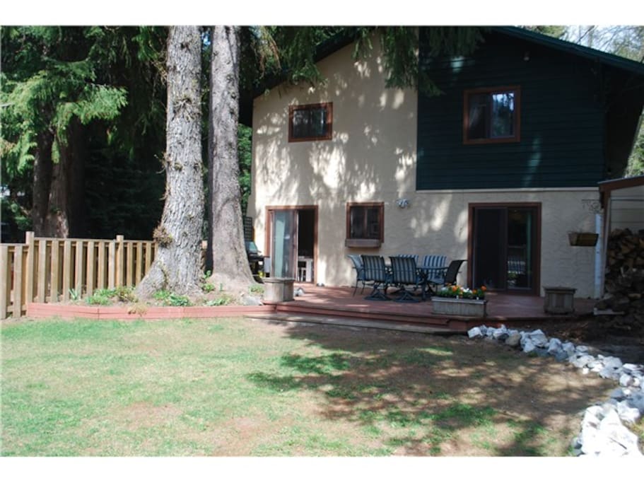 Fully fenced yard with patio