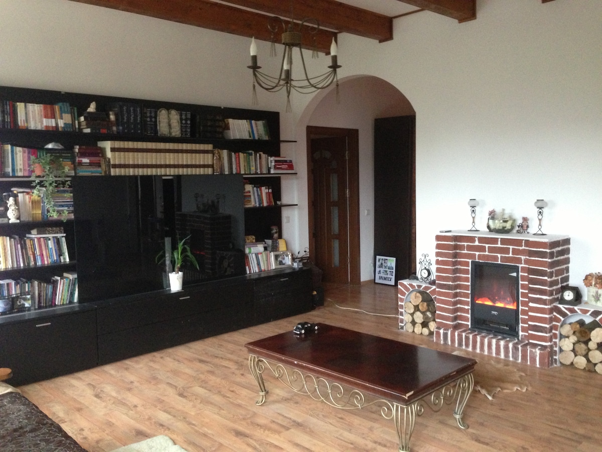 A spacious living room features a large black shelving unit filled with books and decorative items. A wooden coffee table sits centrally, with a fireplace framed by bricks and stacked firewood providing a focal point. Natural light highlights the wooden flooring.