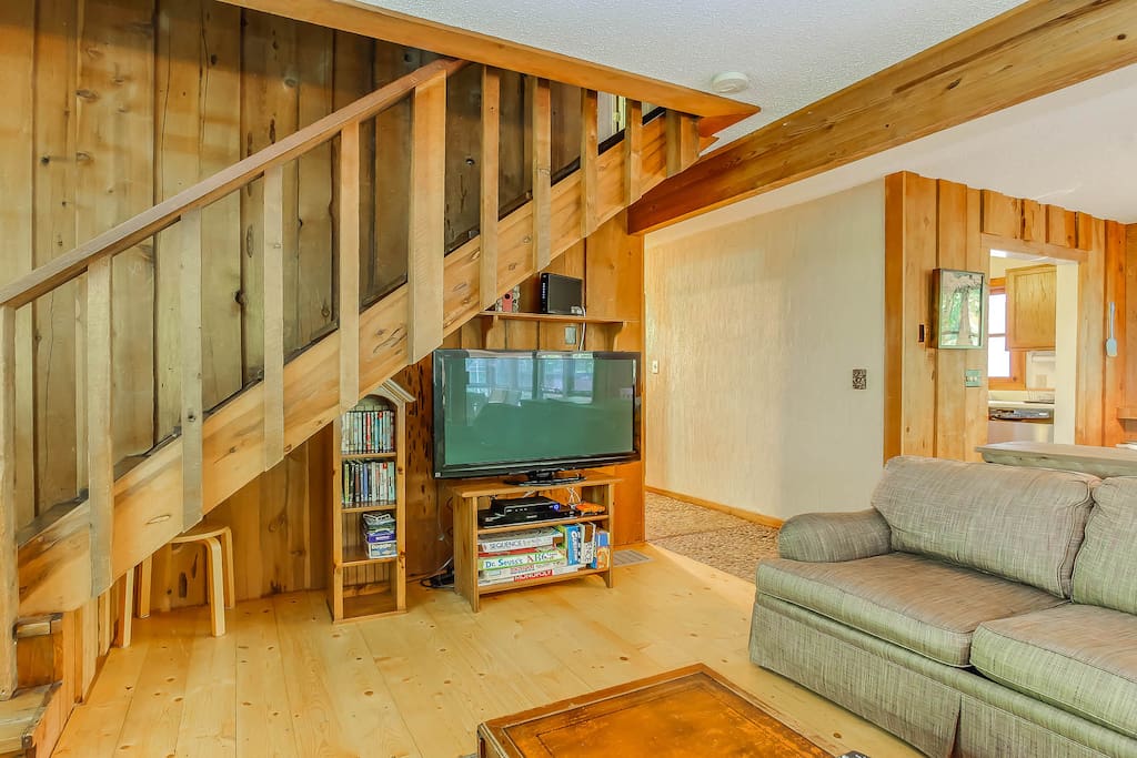 The interior is warm with rustic touches.