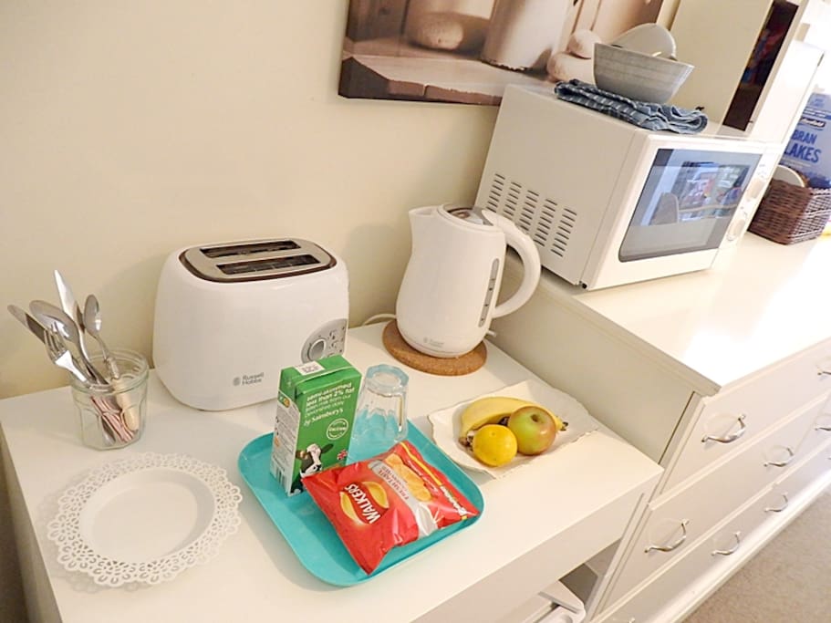 Mini-fridge, Microwave, kettle, toaster in the room.