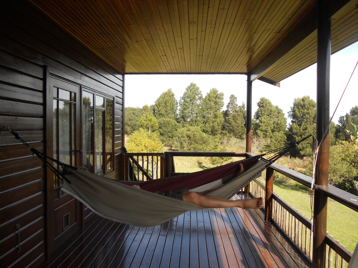 A spacious wooden deck features two hammocks strung between sturdy posts, inviting relaxation. Surrounding greenery provides a serene backdrop, with trees visible in the distance against a clear sky. The deck's polished wooden flooring enhances the rustic charm of the cottage.