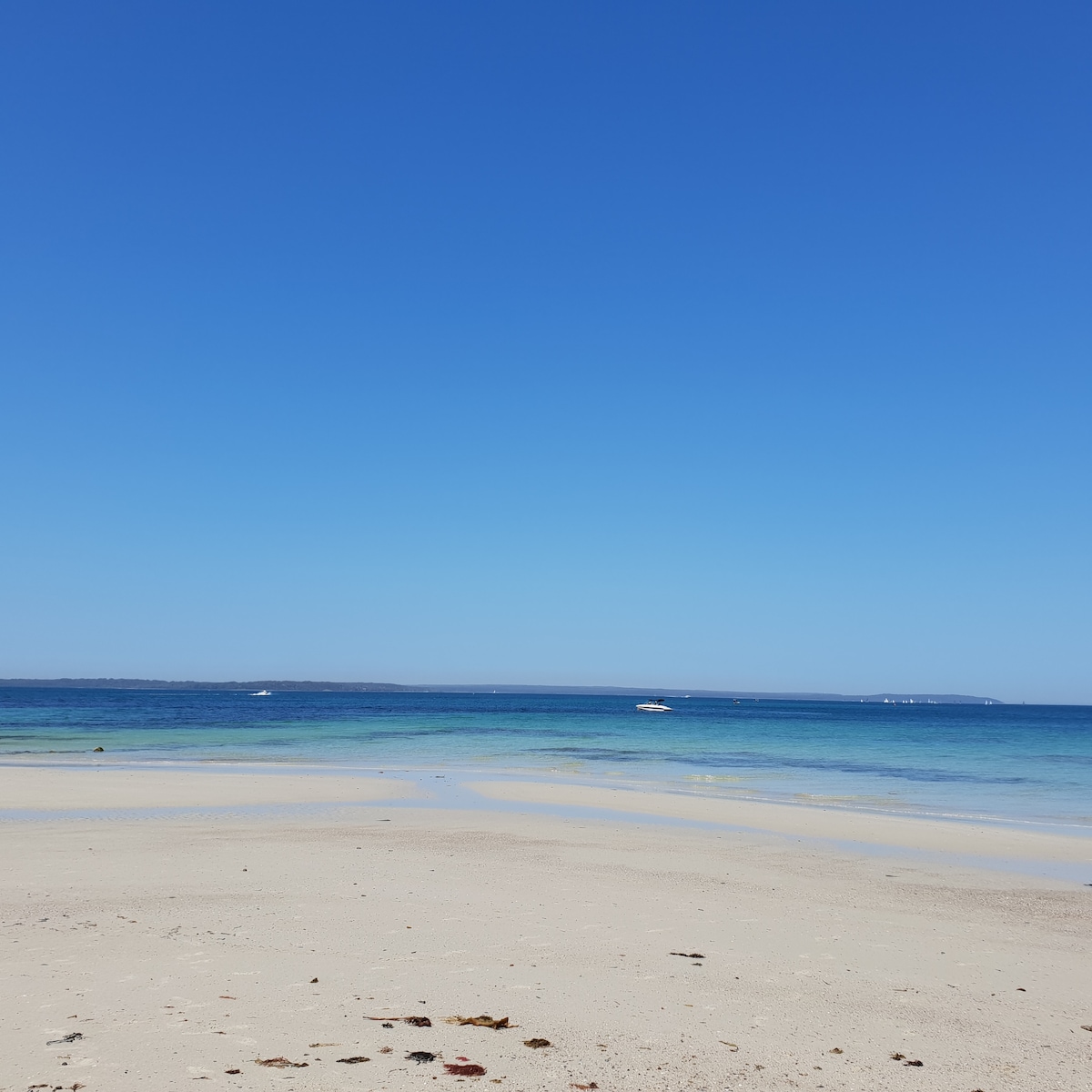A tranquil beach scene captures the serene blue waters meeting a clear sky. Soft sandy shores provide ample space for relaxation. Gentle waves lap at the coastline, with a few boats visible on the horizon, adding to the peaceful coastal atmosphere.