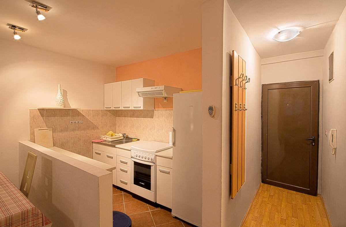 A newly fitted kitchen is visible, featuring white cabinetry and modern appliances, including a stove and refrigerator. A wooden door leads to a hallway. Light fixtures provide ample illumination, and a small table with a checkered cloth adds a touch of homey detail.