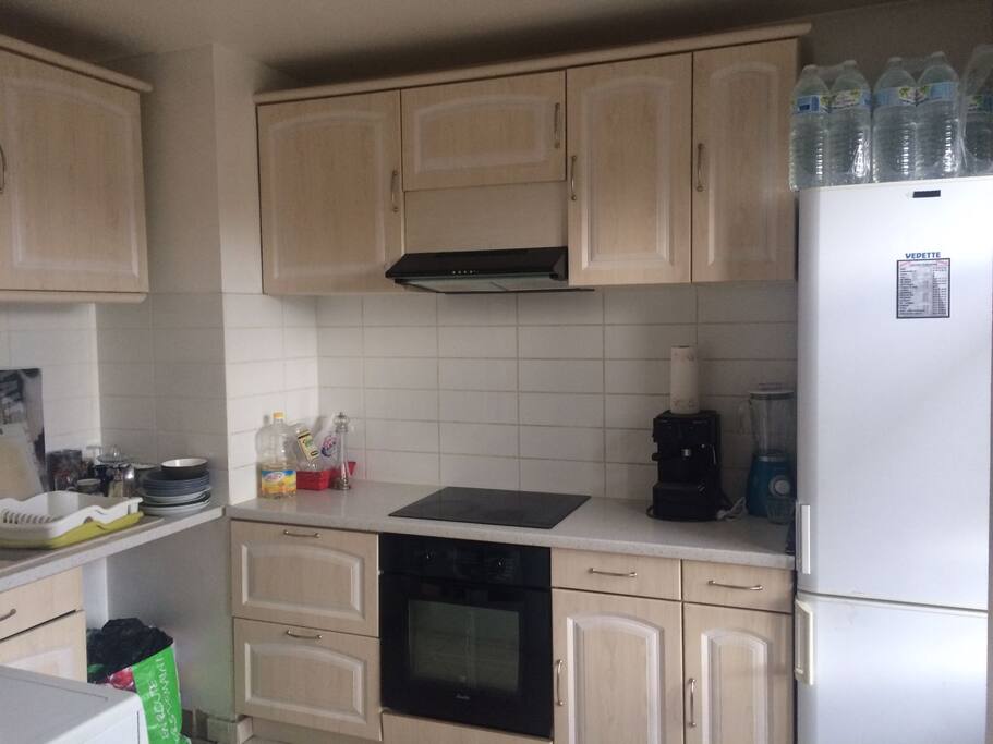 fully equipped kitchen with electric ceramic cooking plate, fridge and freezer, washing machine, stove, coffee machine, blender