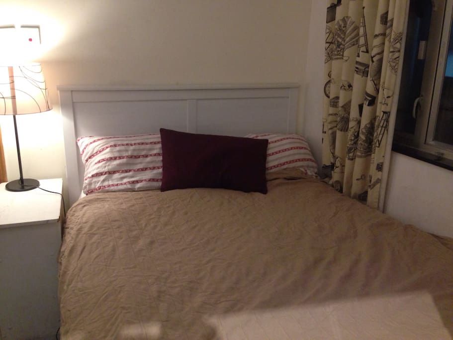 NEW IKEA Queen Size Bed with Tablelight, Nightstand and matching home-made Curtins for nice Dreams!